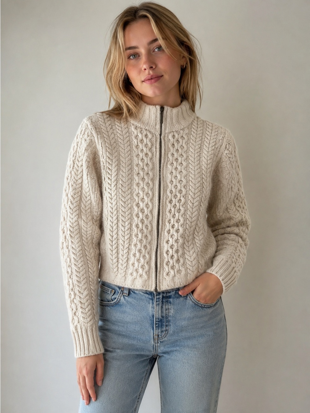 Inis Crafts Classic Cream Cable-Knit Zip Fisherman Sweater Ireland Large Aran